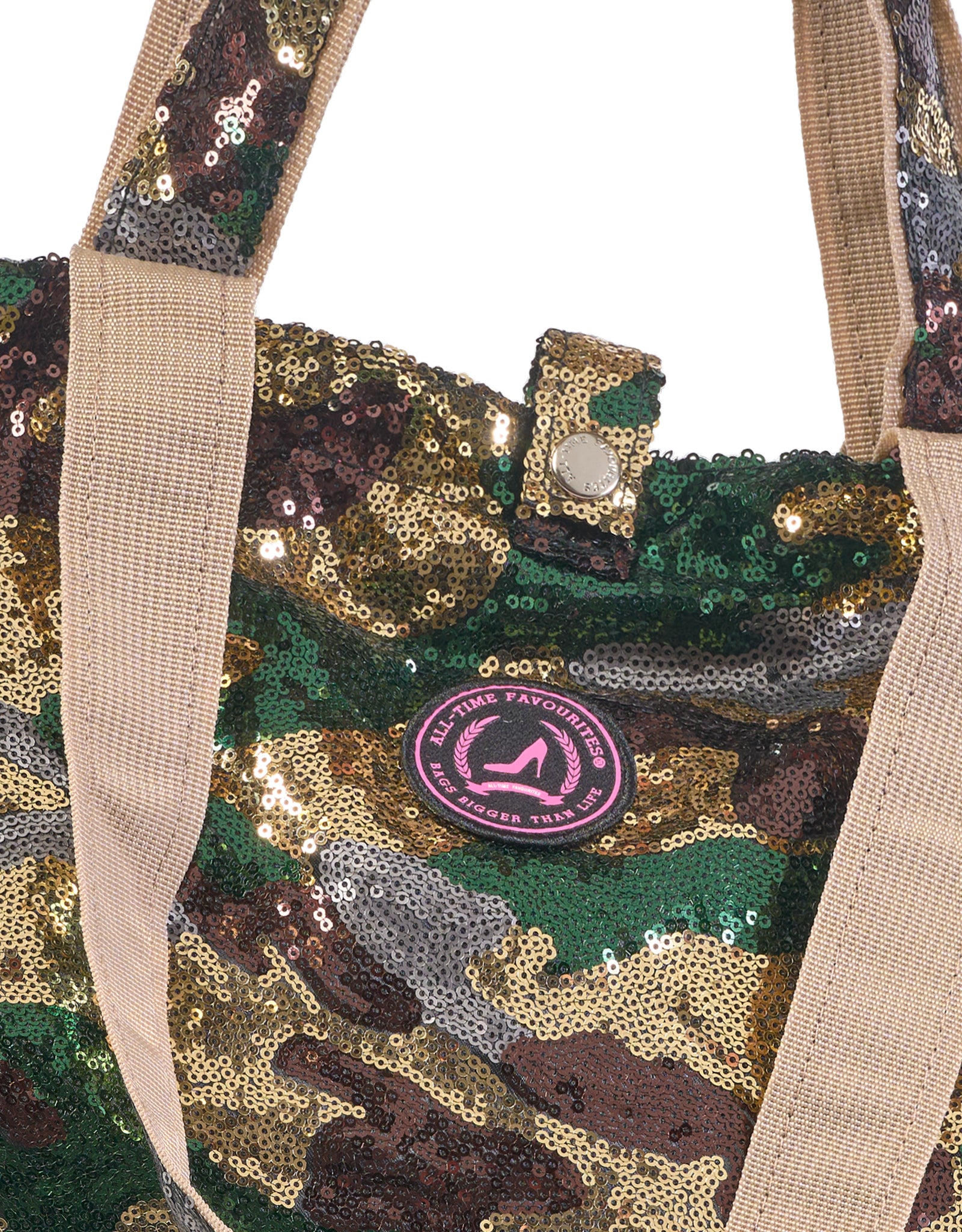 Großer Shopper mit Army-Print und Pailletten in Gold, Grün, Braun und Grau mit ATF logo