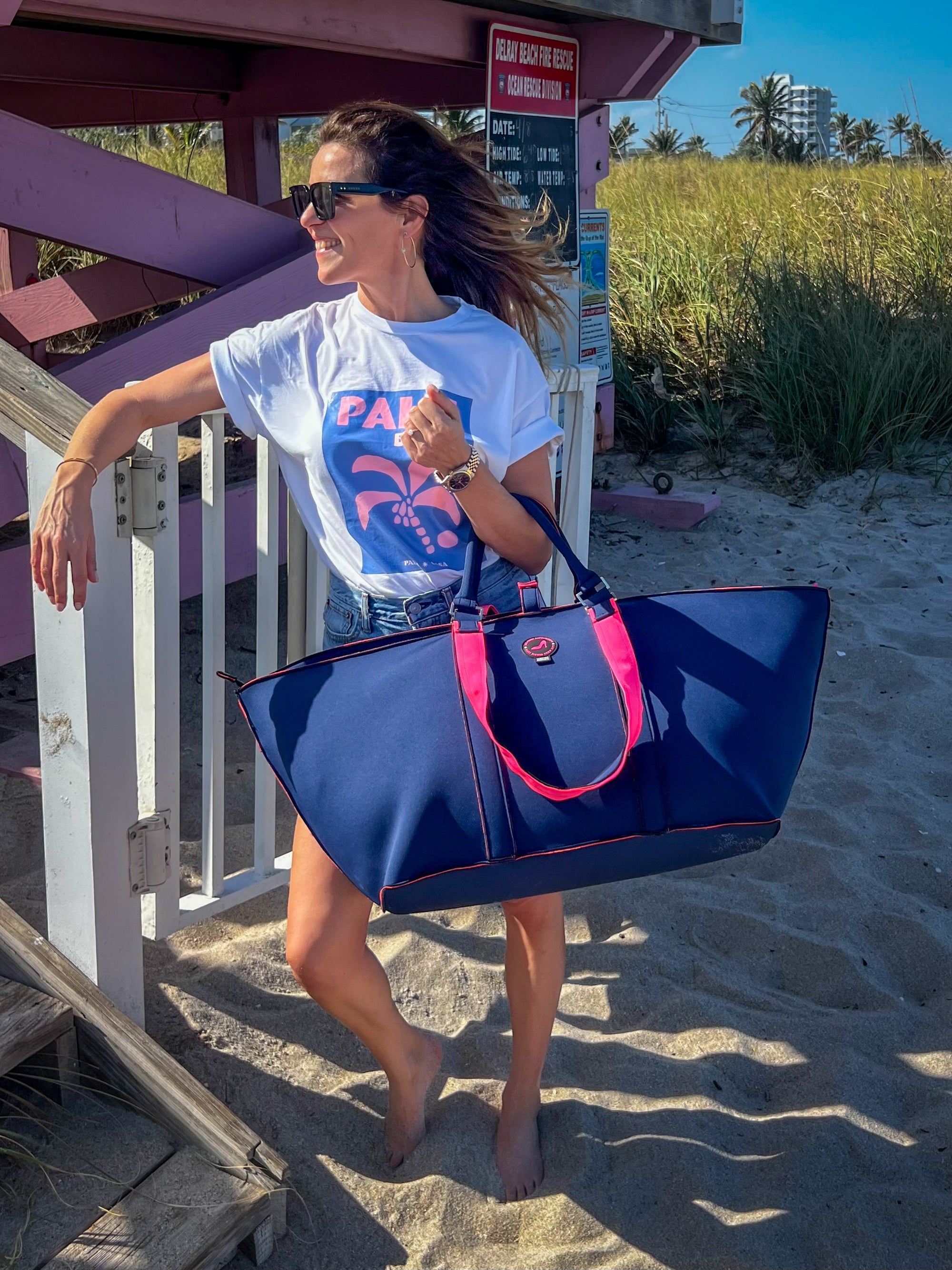 Grote shopper navy & pink PALM BEACH