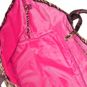 Pink inside of the leopard tote bag including leopard print strap and zippered inside pocket