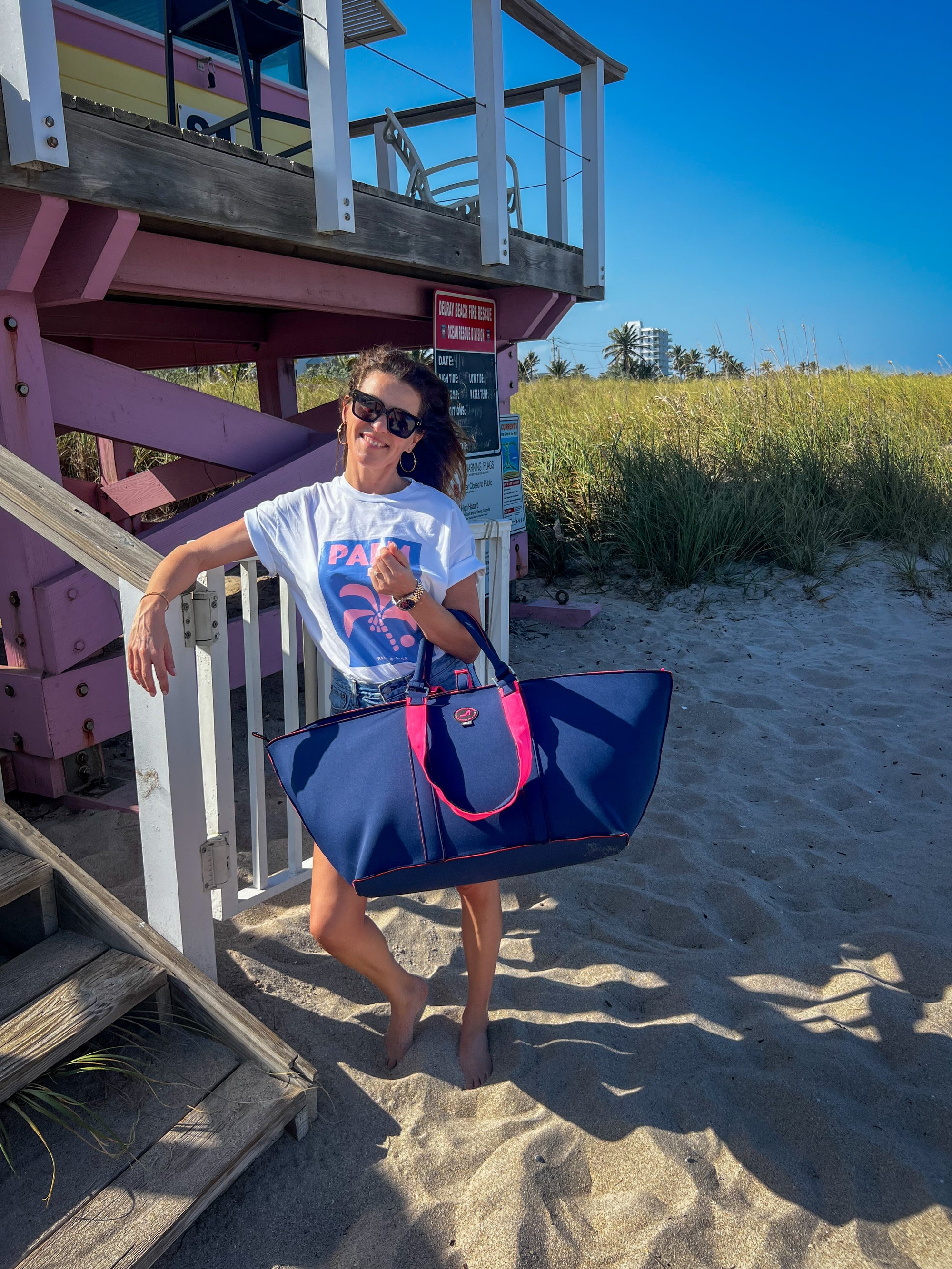 Grote shopper navy & pink PALM BEACH