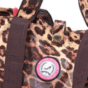 Detail of small leopard print tote bag with pink interior and ATF logo