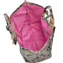 Medium tote bag with python print, zipper closure, and iconic pink lining.