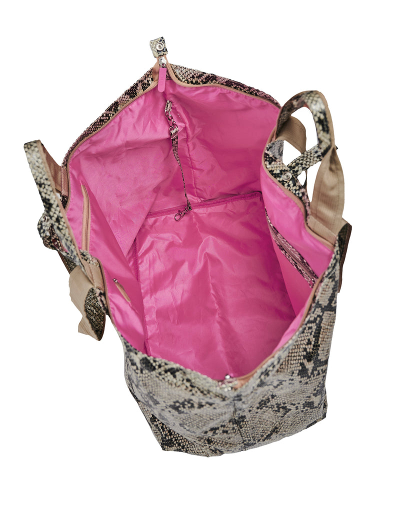 Medium tote bag with python print, zipper closure, and iconic pink lining.