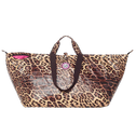 A large tote bag with leopard print design and zipper.