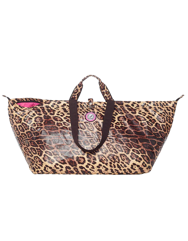 A large tote bag with leopard print design and zipper.