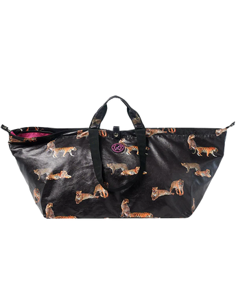 Grote shopper met rits, zwart organic cotton met tijgerprint en zwarte hengsels