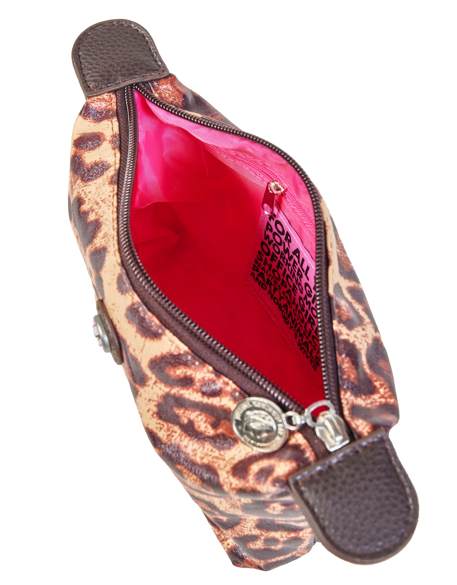 Top view of BIG FIVE leopard makeup bag with pink interior