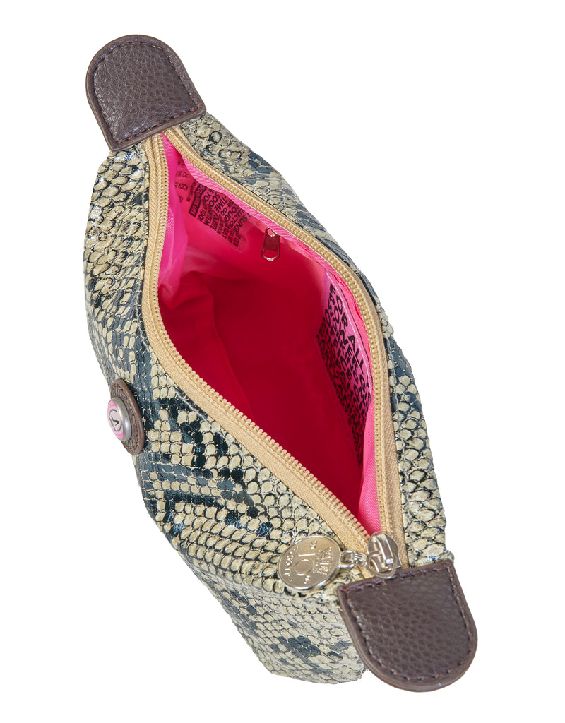 A compact makeup bag with zipper closure, featuring a python print design and a signature pink interior.
