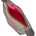 Open camouflage print makeup bag with pink lining and zipper charm