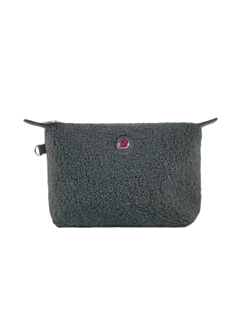 A gray teddy makeup bag with a zipper closure and a small round pink tag on the front.