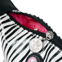 Detail zebra print makeup bag with lucky coin zipper and pink lining