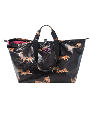 Kleine shopper met rits, zwart organic cotton met tijgerprint en zwarte hengsels