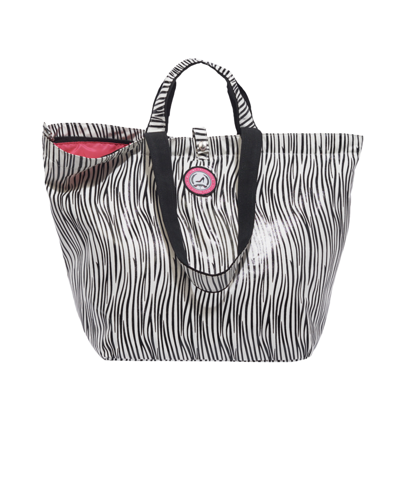 Mini zebra shopper met zwarte hengsels en roze binnenvoering