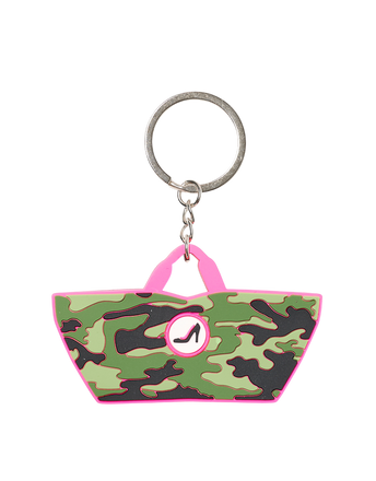 Camouflage-patterned keychain with pink accents on a white background