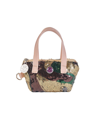 Sleuteltasje met rits, camouflage pailletten in goud, groen, bruin en beige hengsels