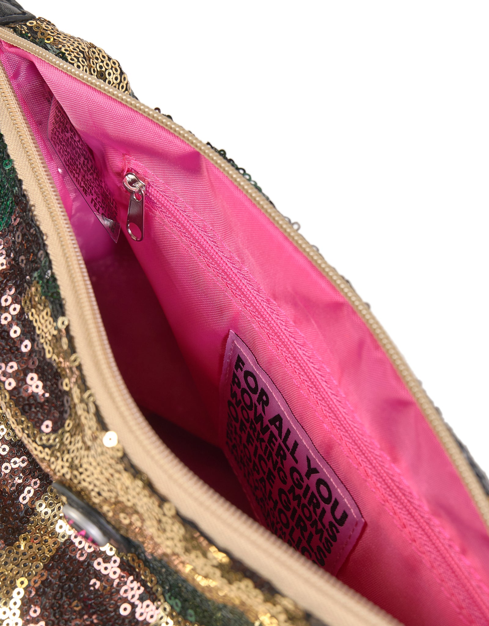 Kulturbeutel mit Reißverschluss, Camouflage-Pailletten in Gold, Grün, Braun und Grau, rosa Innenfutter