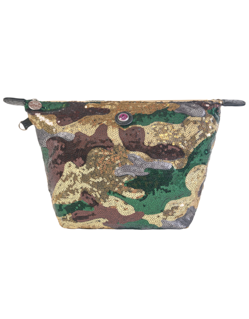 Toilettas met rits, camouflage pailletten in goud, groen, bruin en grijs