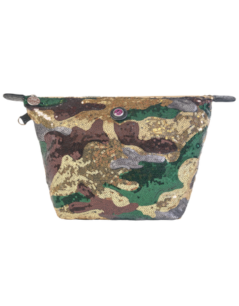 Toilettas met rits, camouflage pailletten in goud, groen, bruin en grijs