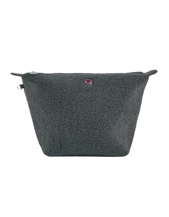 A gray teddy texture toiletry bag with a zipper closure.