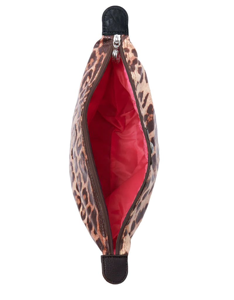 Draufsicht Kosmetiktasche Leopardenmuster mit weiter Öffnung und rosa Innenfutter