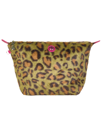 Toilettas furry luipaardprint groen-bruin met roze rits en logo voorzijde