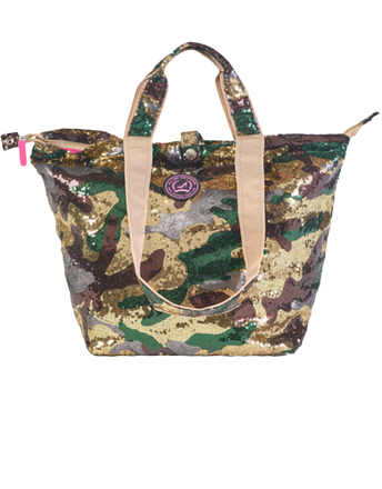 Een mini shopper met een legerprint van pailletten in groen, bruin en beige, met een veilige ritssluiting.