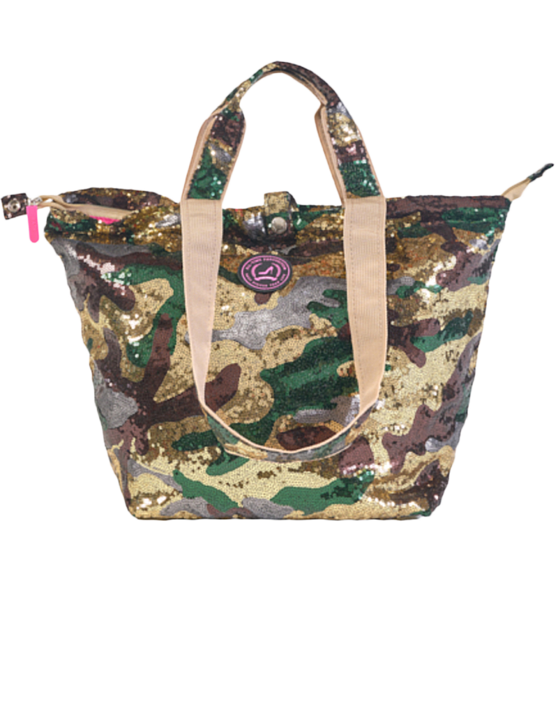 Een mini shopper met een legerprint van pailletten in groen, bruin en beige, met een veilige ritssluiting.