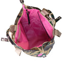 Binnenkant XS shopper camouflage pailletten in goud, groen, bruin en grijs, glanzend textiel met een roze binnenkant