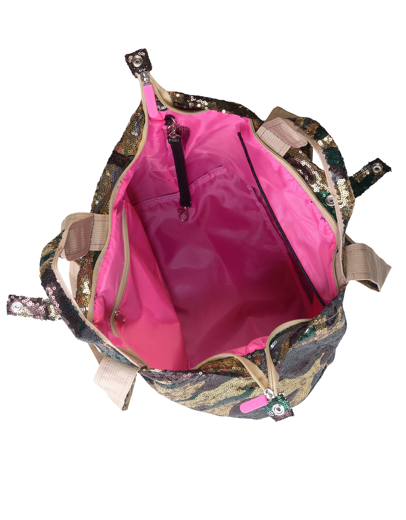 Binnenkant XS shopper camouflage pailletten in goud, groen, bruin en grijs, glanzend textiel met een roze binnenkant