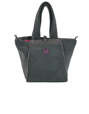 A small grey tote bag with a teddy texture, featuring two handles, a zipper closure, and a small pink logo on the front.
