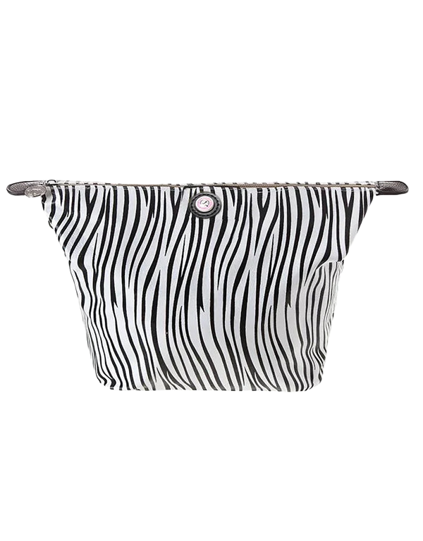Toilettas met zebraprint en zwart-wit strepen, recht van voren gefotografeerd