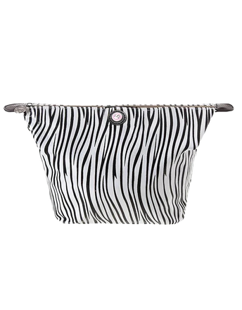 Toilettas met zebraprint en zwart-wit strepen, recht van voren gefotografeerd