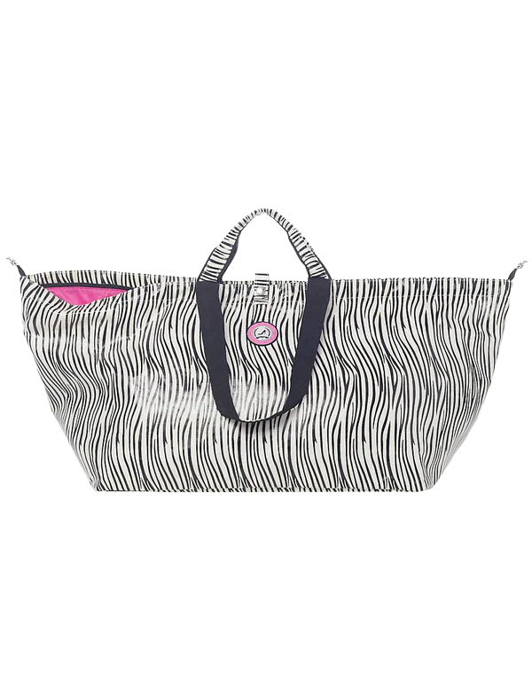 Grote zebra shopper met zwarte hengsels en felroze voering