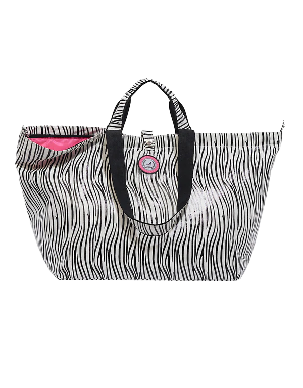 Kleine shopper met zwart-wit zebraprint, korte hengsels en lange hengsels, roze voering