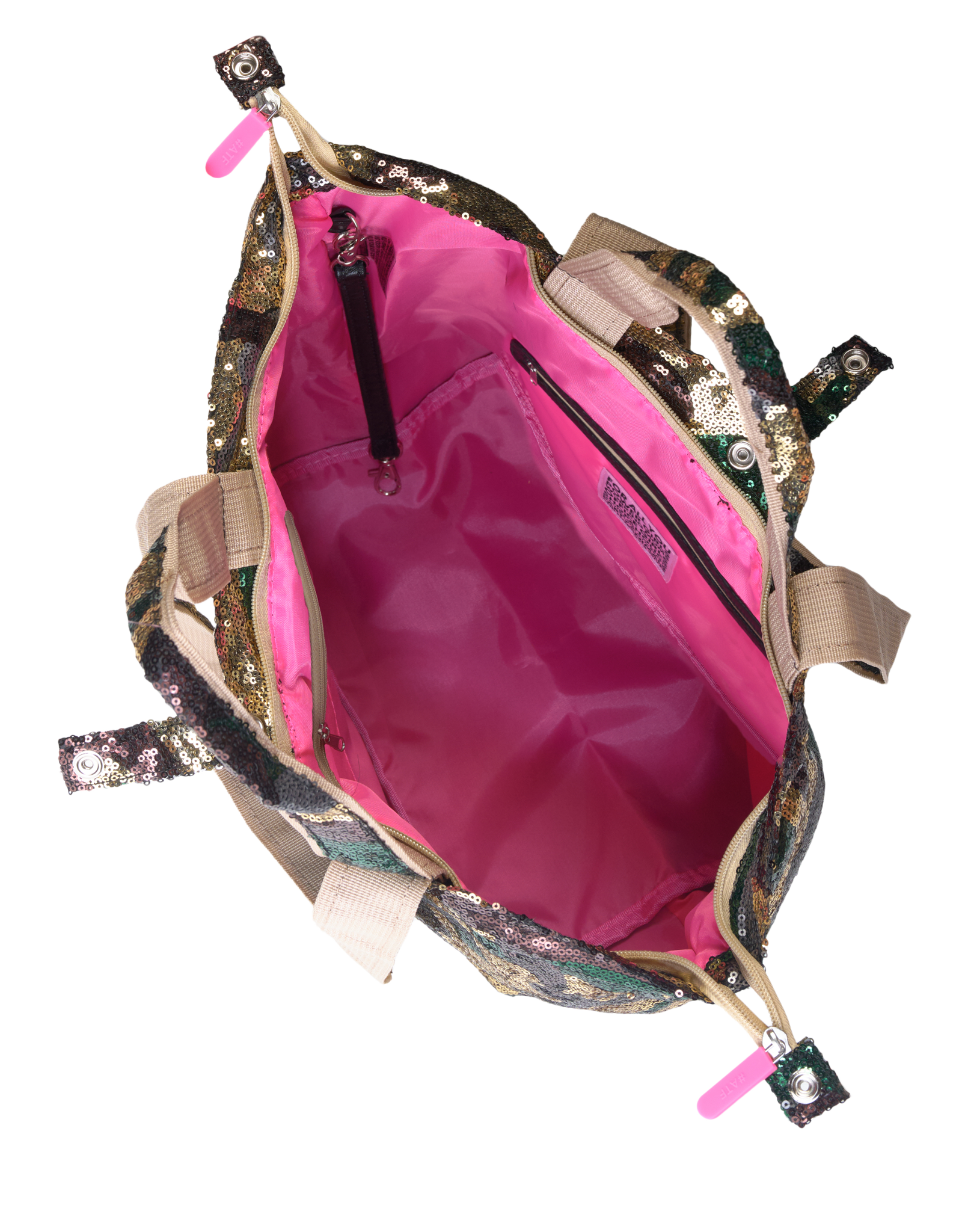 De roze binnenkant van de kleine shopper camouflage pailletten
