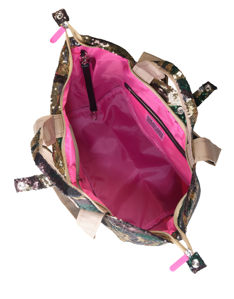 De roze binnenkant van de kleine shopper camouflage pailletten