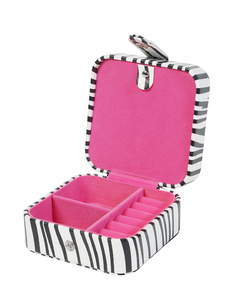 Open zebra print jewelry case with empty compartments and pink interior