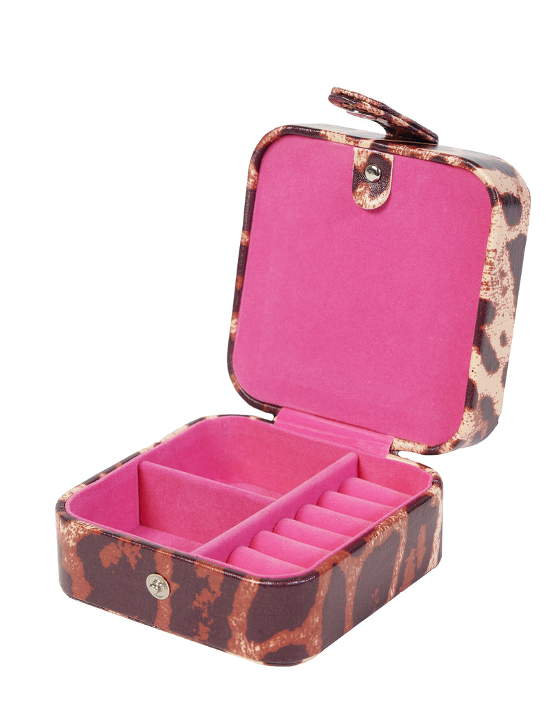 Open leopard print jewelry box with pink lining and storage compartments
