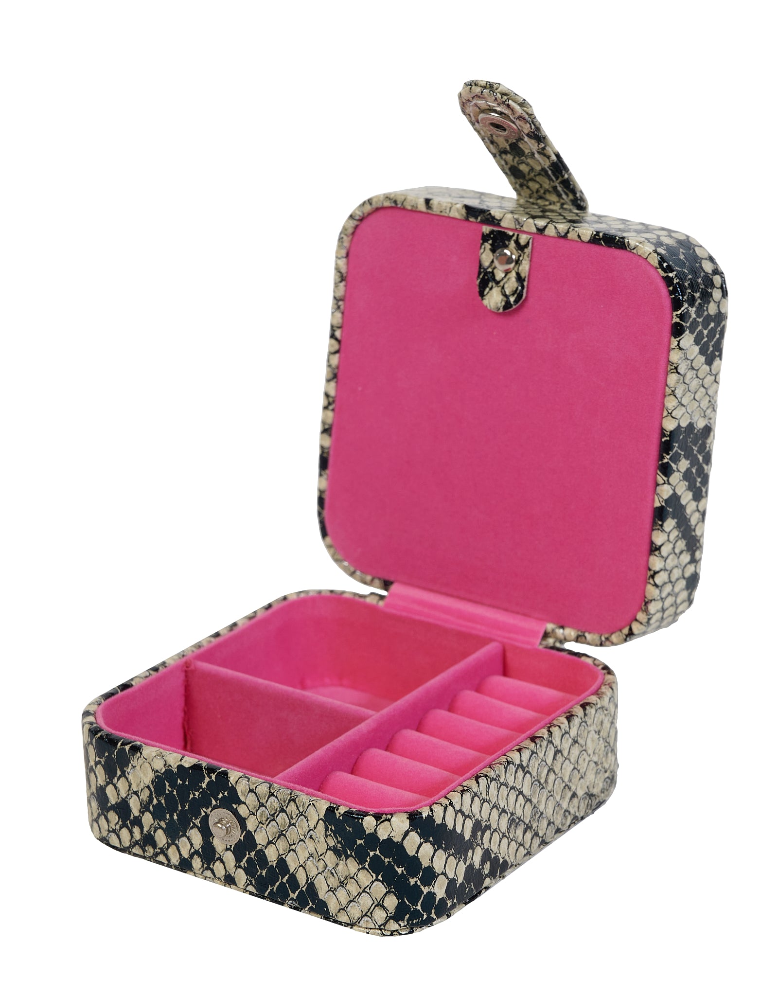 Binnenkant sieradendoosje python print met iconische roze fluwelen voering en vakjes