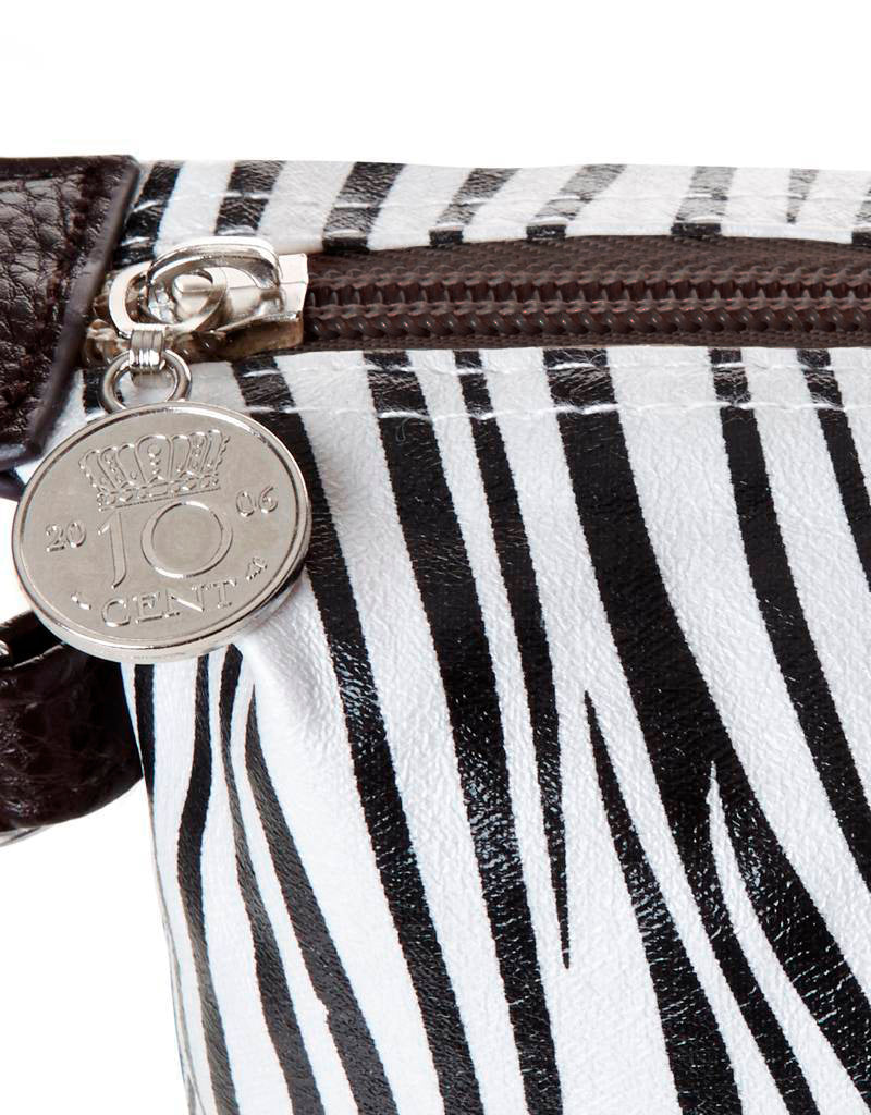 Nahaufnahme des Reißverschlusses einer Zebramuster-Kosmetiktasche mit silbernem Münzanhänger