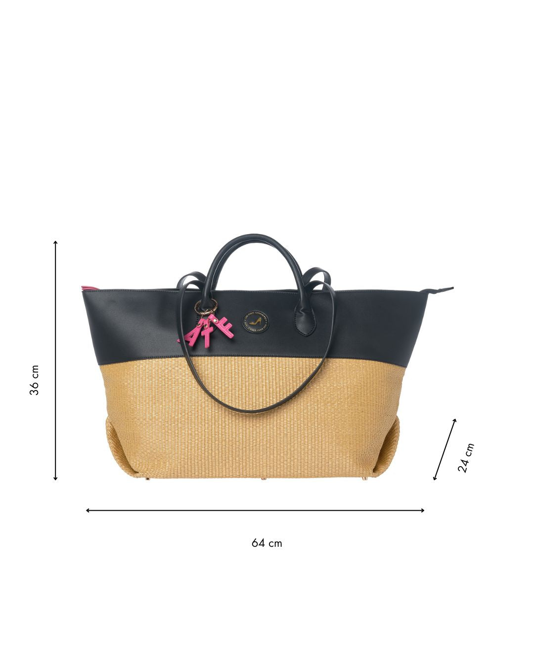 The Medium Tote Bag Black & Beige AUDREY features vegan leather in black, tan woven bottom, black handles and top, pink keychain charms, and measures 36 cm tall, 64 cm wide, and 24 cm deep.