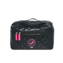 Black quilted makeup bag with pink accents on a white background