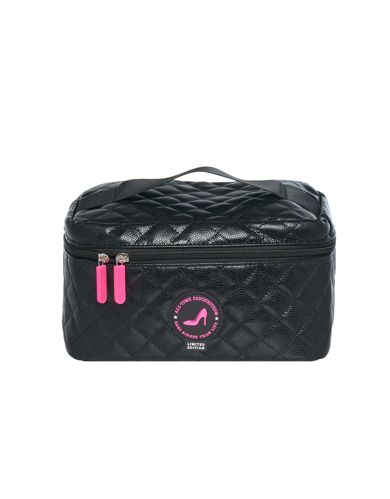 Black quilted makeup bag with pink accents on a white background