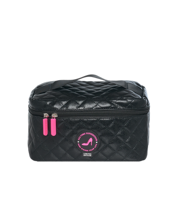 Black quilted makeup bag with pink accents on a white background