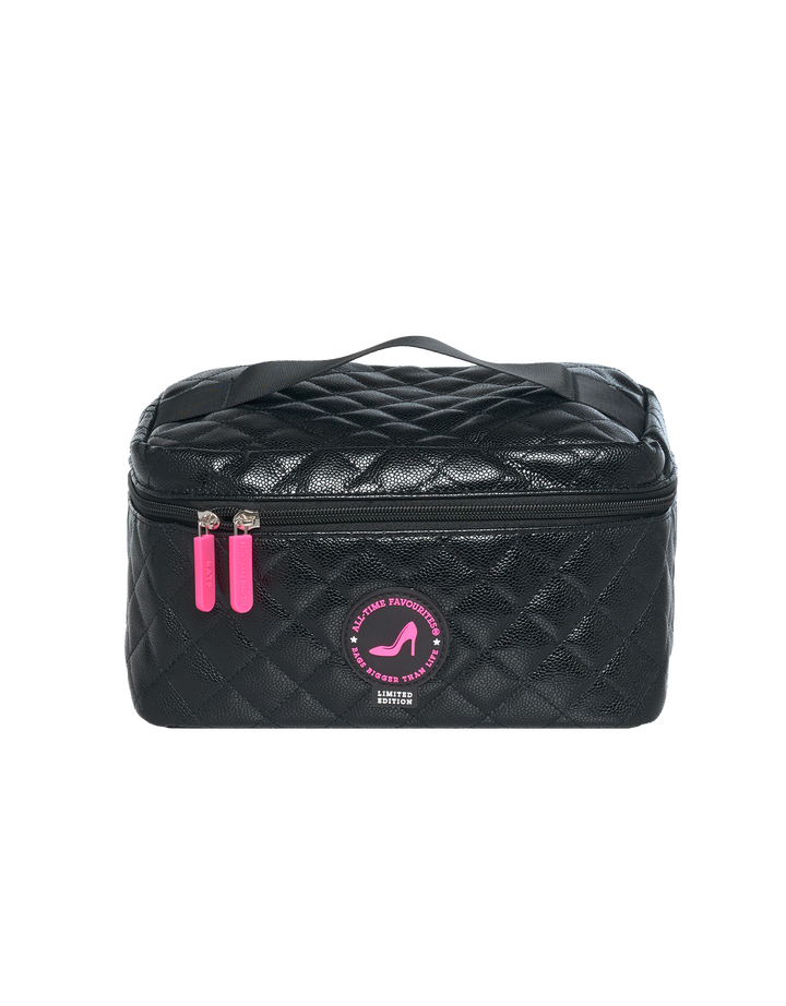 KATE Black Caviar beauty case with two pink zippers and pink shoe logo patch, premium faux leather accessory.
