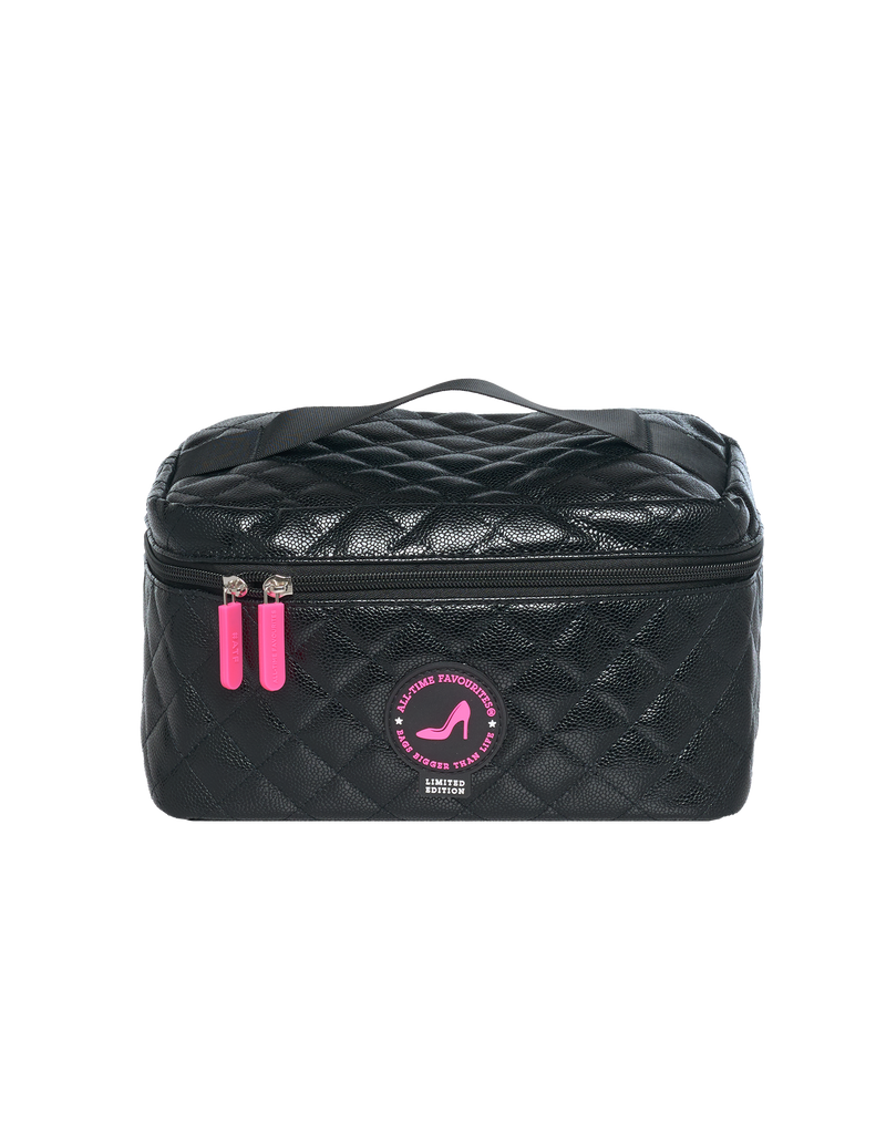 Black quilted makeup bag with pink accents on a white background