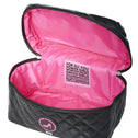 Black quilted bag with pink interior and a visible label on a white background