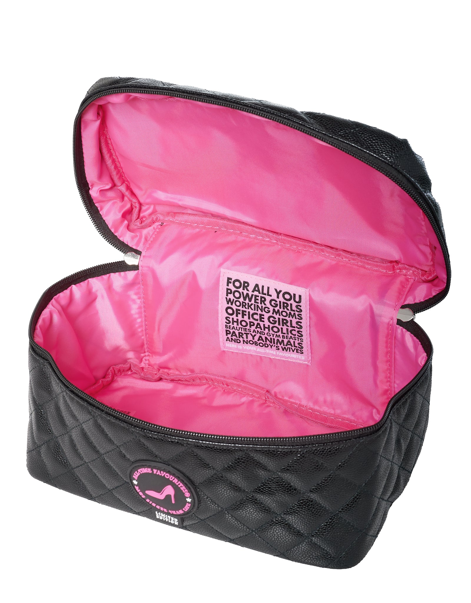 Black quilted bag with pink interior and a visible label on a white background