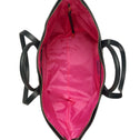 Inside of large tote bag with pink lining, zipper pocket and inside strap