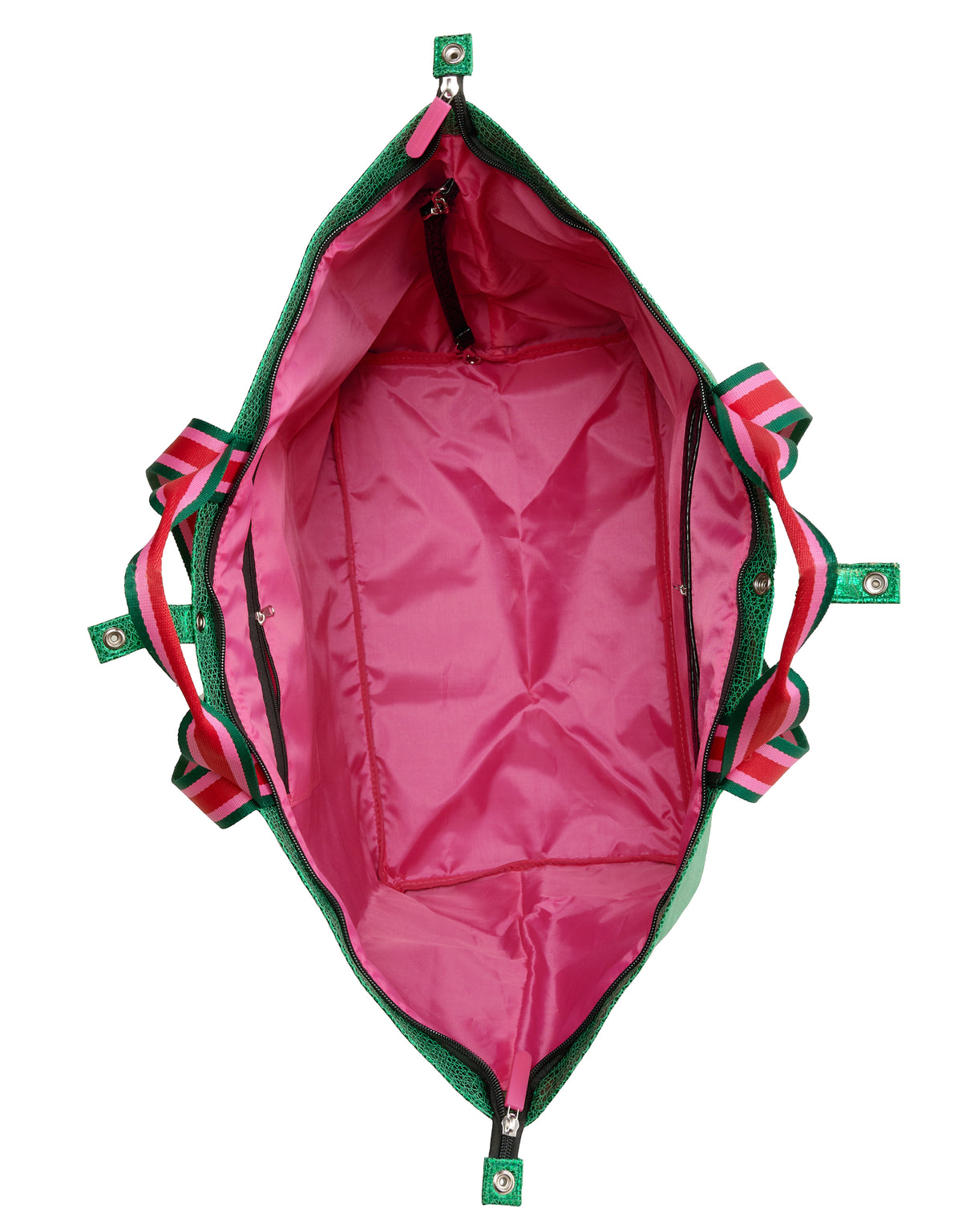 Medium metallic green tote bag with striped handles, pink lining, and zip pocket by VENEZIA.